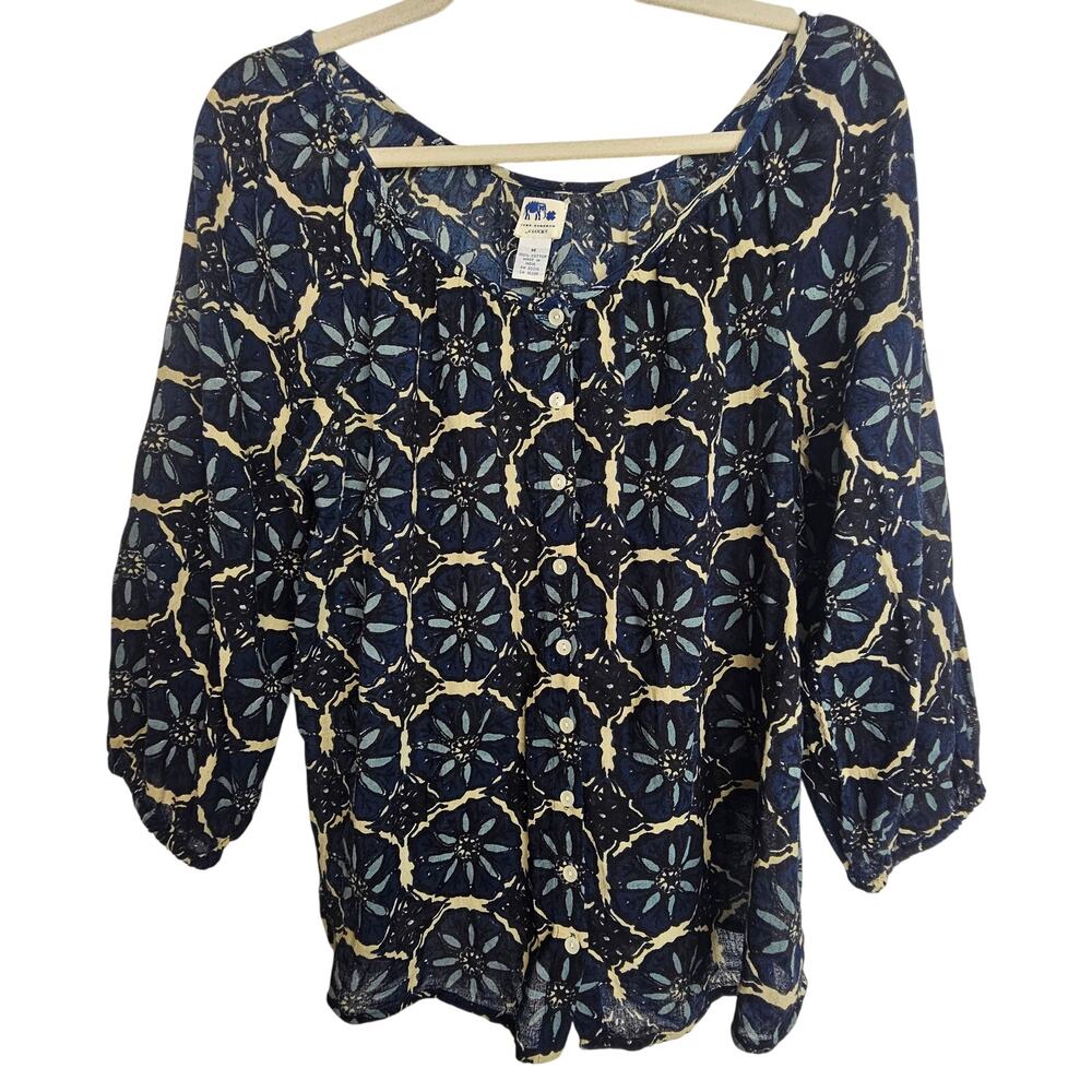 John Robshaws Lucky Brand Blouse Women M Blue Cotton Tunic Boho Peasant Floral